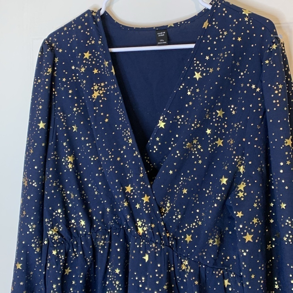 SHEIN navy blue with gold stars faux wrap dress size 1XL - Picture 3 of 7